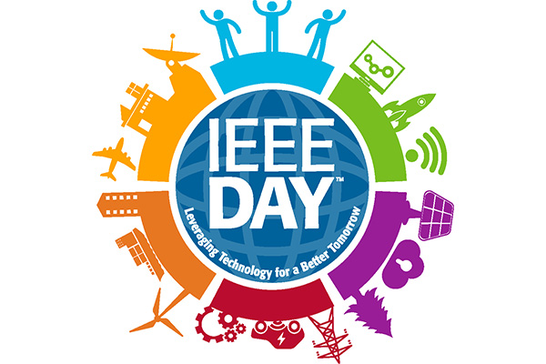 IEEE Day logo with colorful silhouettes of people and engineering topics, around a circle with the logo, which reads IEEE Day; leveraging technology for a better tomorrow.